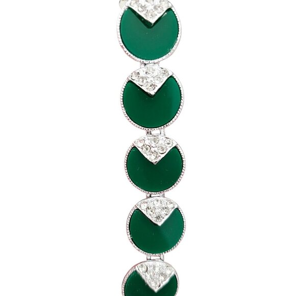 Silver Tone Clear Rhinestones Green Inlay Vintage 1940s-1950s Link Bracelet - Picture 4 of 7